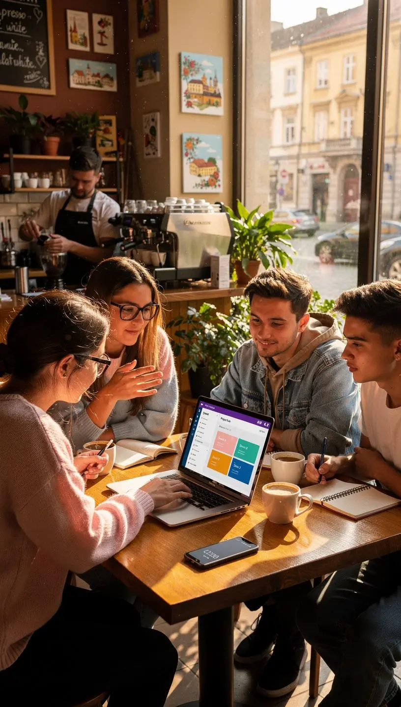 Imaginează-ți o persoană zâmbitoare folosind un laptop cu interfață simplificată, înconjurată de icoane reprezentând aplicații software complexe traduse în termeni accesibili.