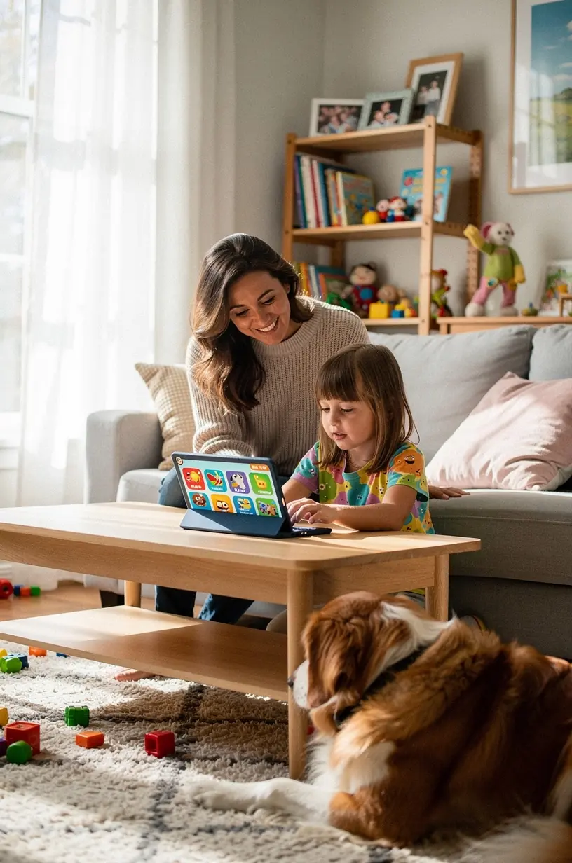 Persoană zâmbitoare folosind laptop pentru a învăța software simplificat în mediul cotidian.