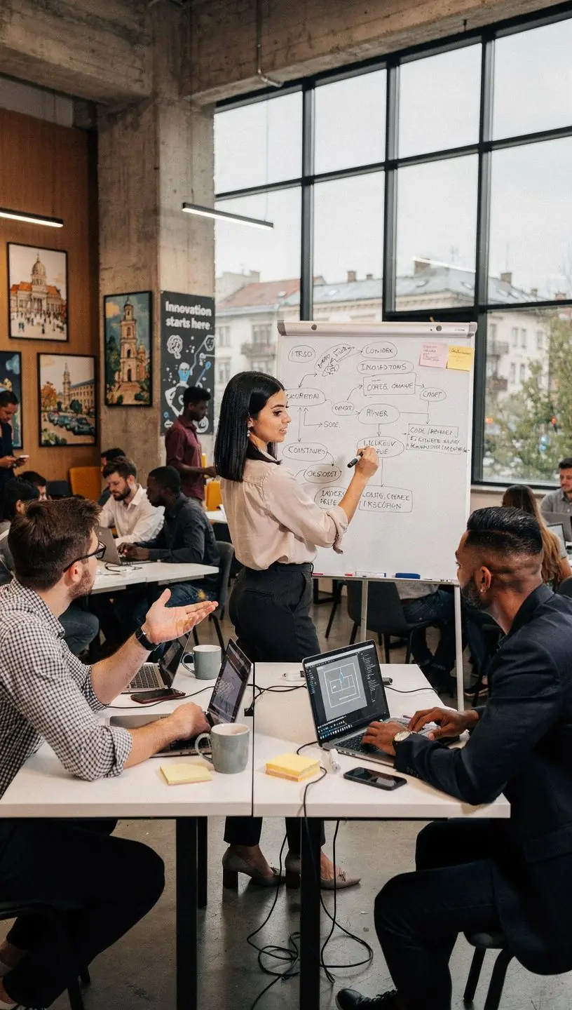 Specialist în tehnologie oferind explicații clare și practice unui grup de utilizatori neexperimentați.