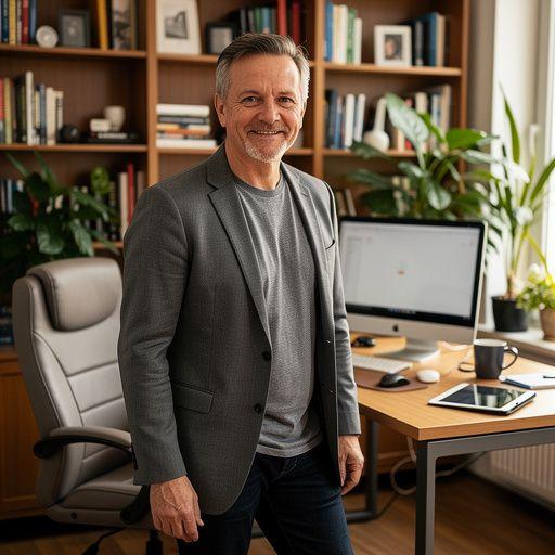 Imagine o persoană care utilizează un laptop cu un zâmbet relaxat, ilustrând ușurința accesului la tehnologie pentru utilizatorii neexperimentați.